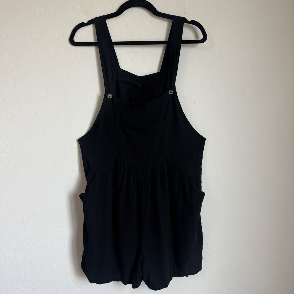 Womens Large Black Linen Blend Overall Romper Shorts Boho Festival Breathable - Picture 2 of 16